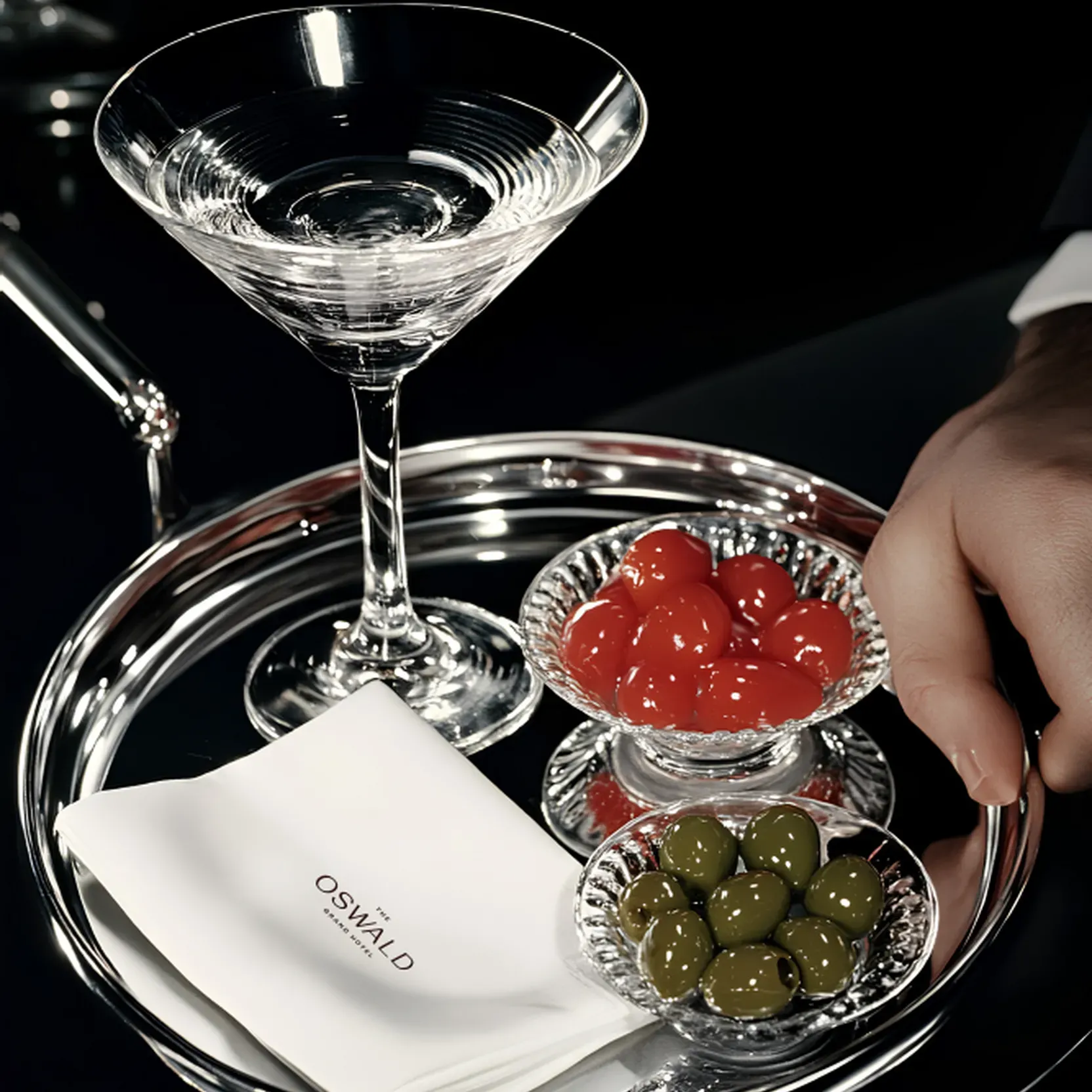 Martini glass on a silver tray, with a branded napkin and two small bowls containing olives and maraschino cherries.