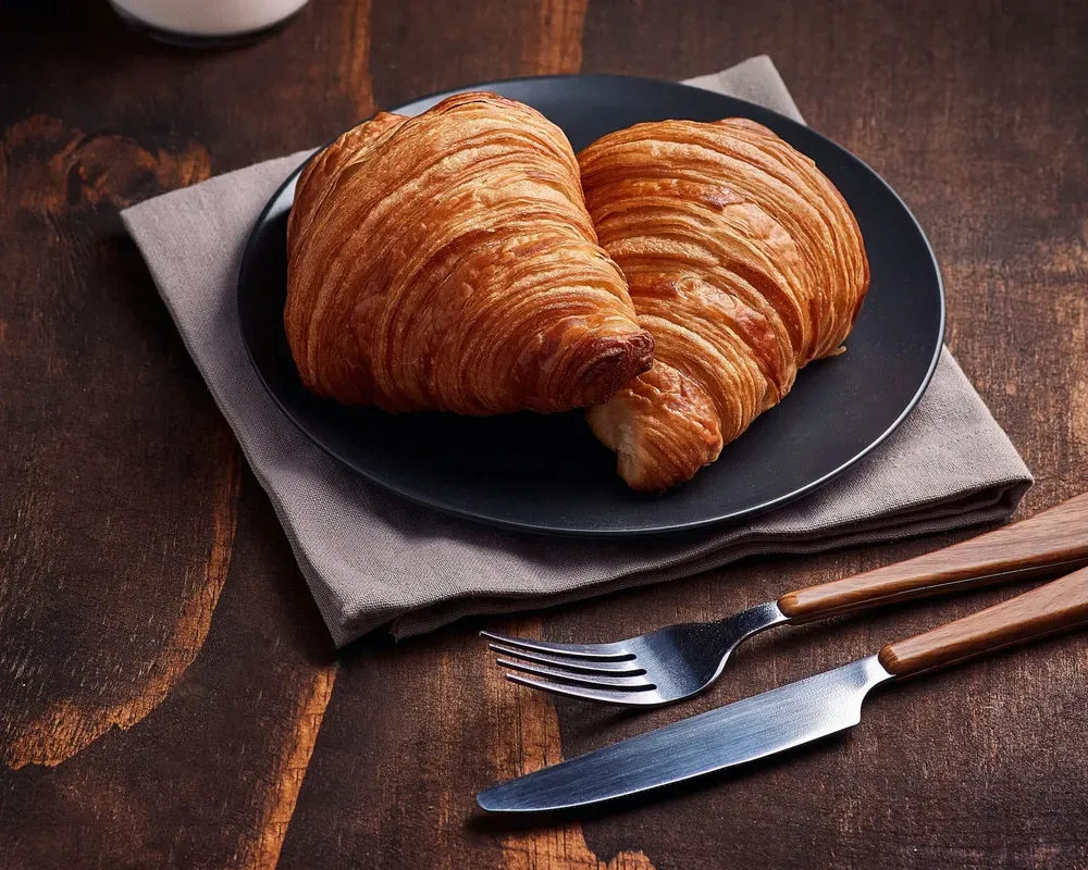 Cup of cold milk, two croissants on a black plate atop a gray napkin, next to a fork and knife with wooden handles, on a mahogany table.