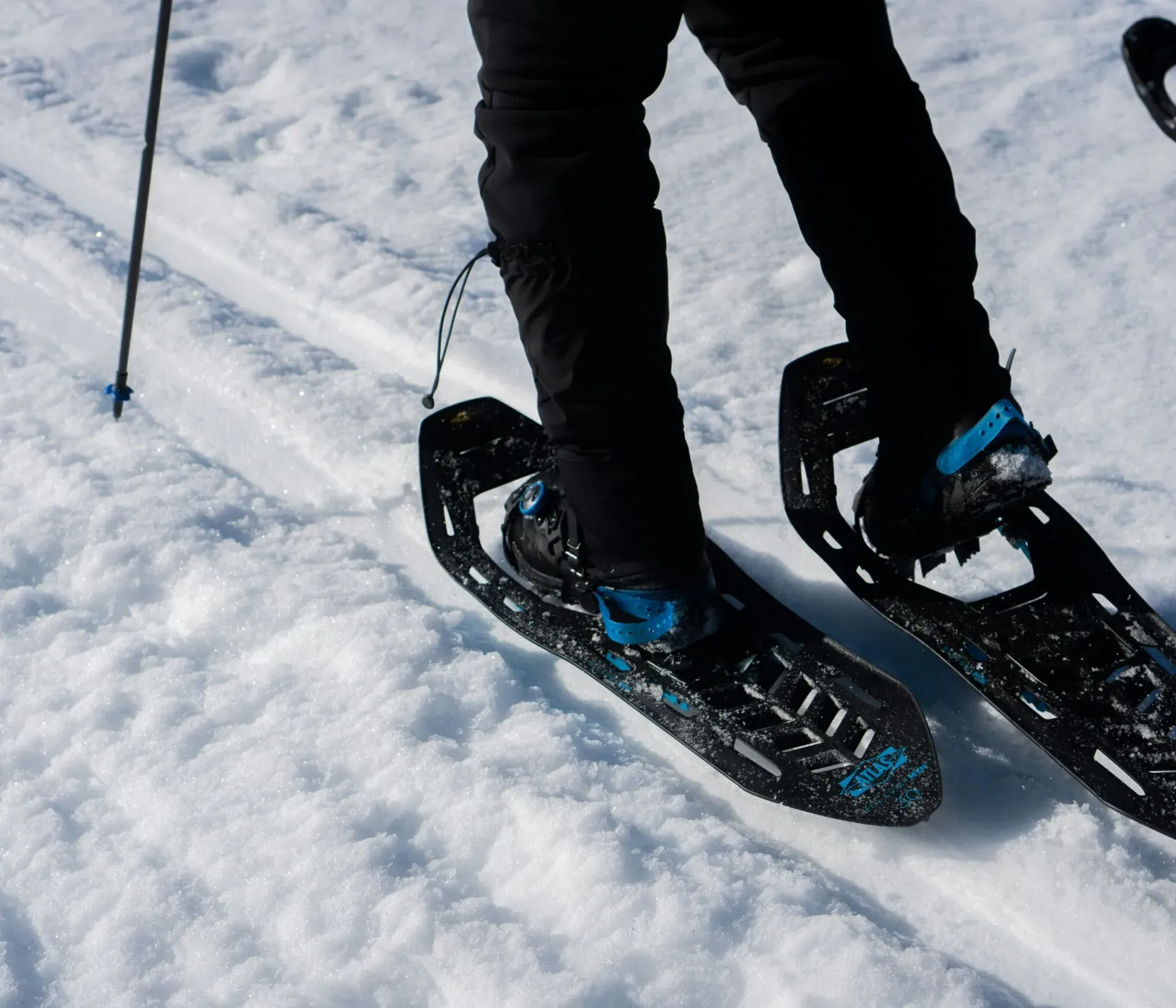 Close-up of feet walking on packed snow along a winter trail, wearing snowshoes and using trekking poles.
