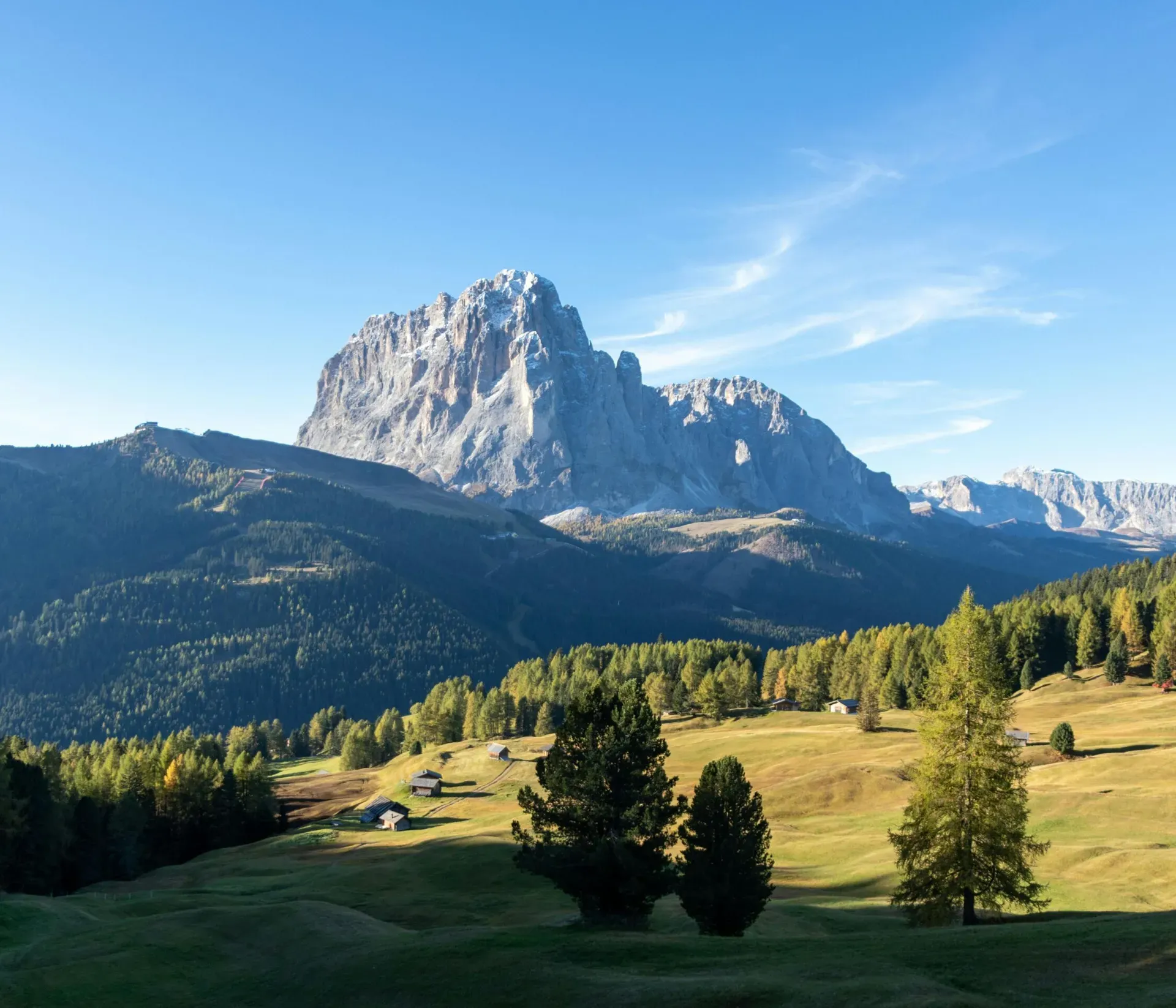 Scenic view of the Dolomites in South Tyrol, Italy, featuring the iconic Sella Group massif.