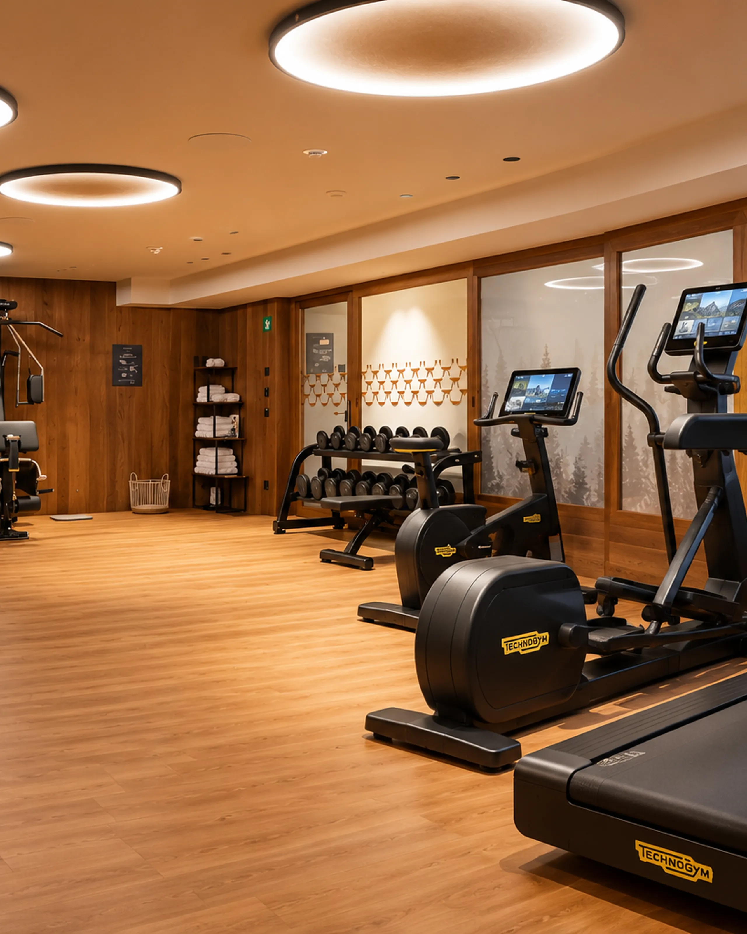 Detailed view of the cardio and free-weight area at the Oswald Grand Hotel, with a selection of Technogym equipment arranged across an elegant wooden floor. Several cardio machines, including cross trainers and exercise bikes with integrated digital displays, are visible in the foreground, while a neatly organised dumbbell rack is positioned further back. Wood-panelled walls, glass surfaces and large circular ceiling lights give the gym a contemporary, warm and sophisticated atmosphere, providing guests with a dedicated space for training throughout their stay.