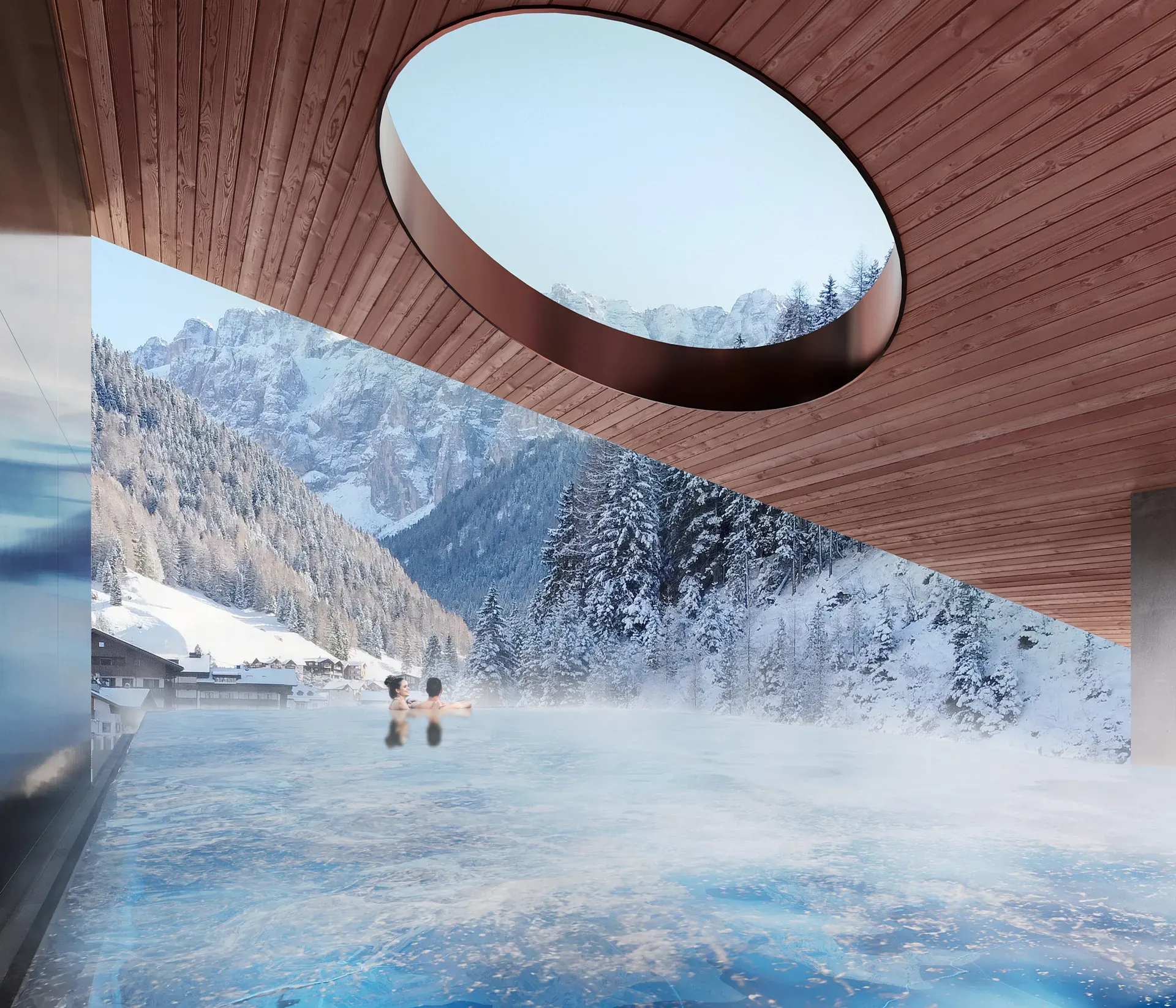 Rooftop infinity pool with warm water steaming in the cool mountain air, covered by a sloping wooden roof with a skylight, overlooking the snow-covered panoramic Val Gardena; a couple at the far end of the pool admires the view.