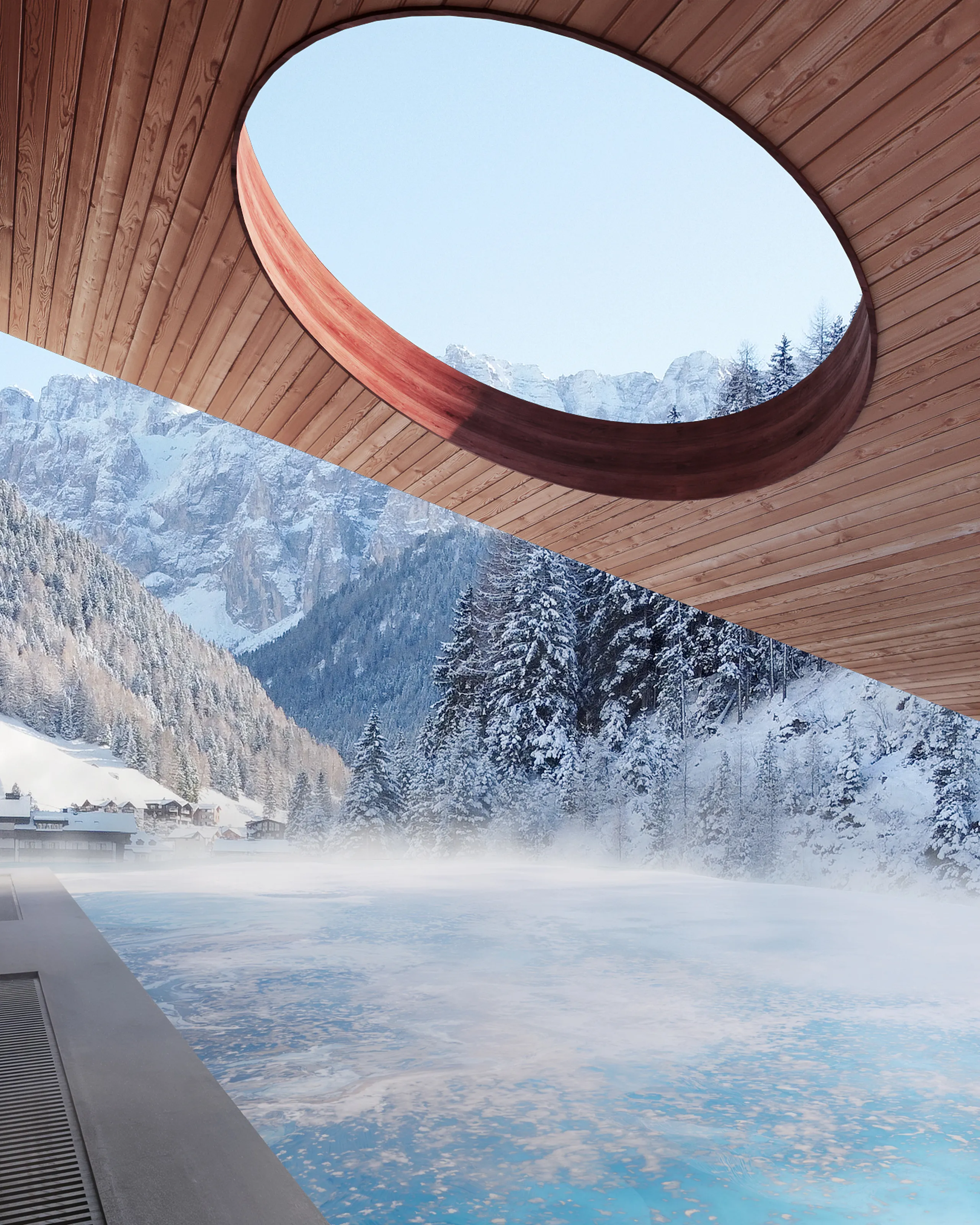 Rooftop infinity pool with warm water steaming in the cool mountain air, covered by a sloping wooden roof with a skylight, overlooking the snow-covered panoramic Val Gardena.