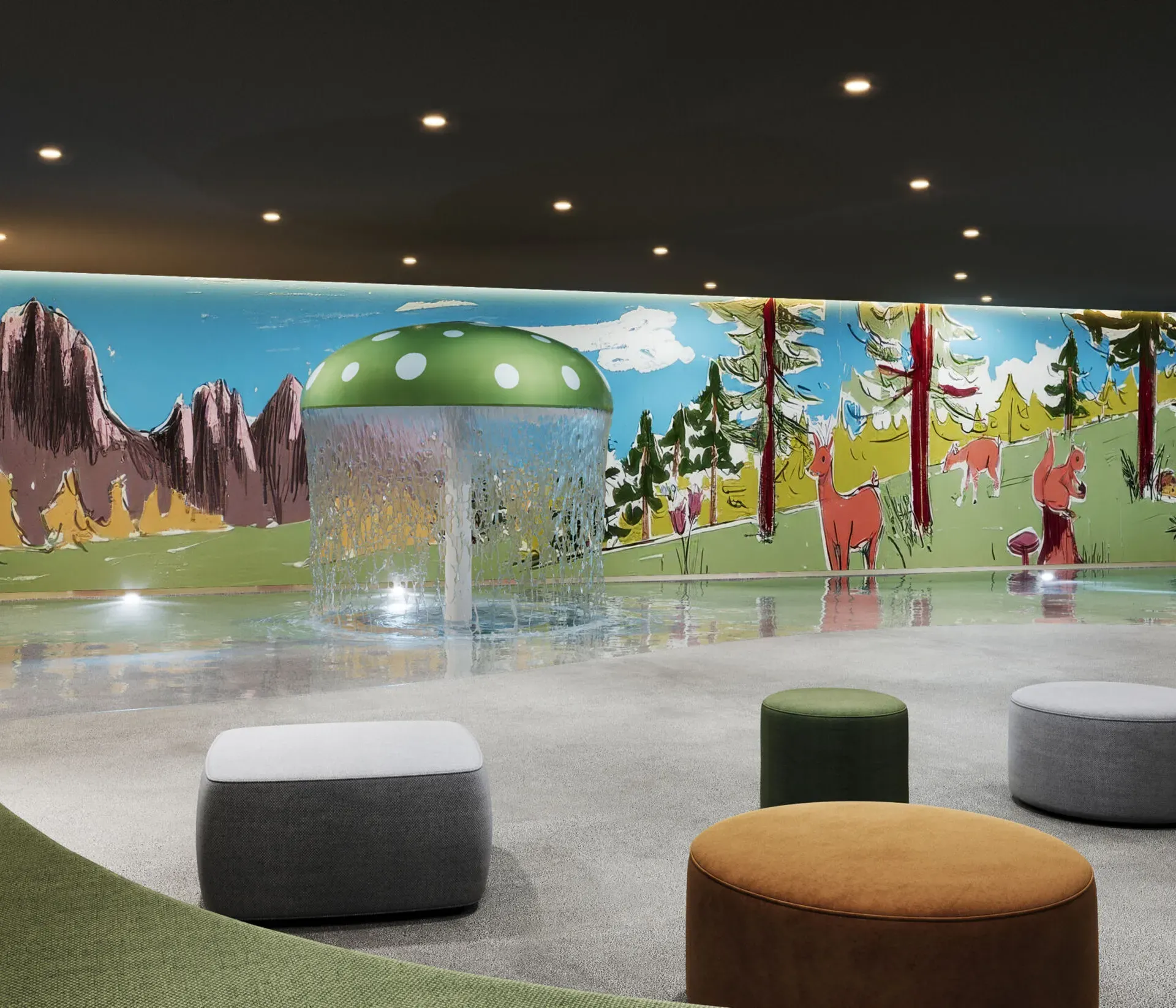 Children's pool with a large green mushroom at the center pouring a fun water cascade, surrounded by a mural depicting mountains and forest animals, with comfortable poufs in the foreground for seating.