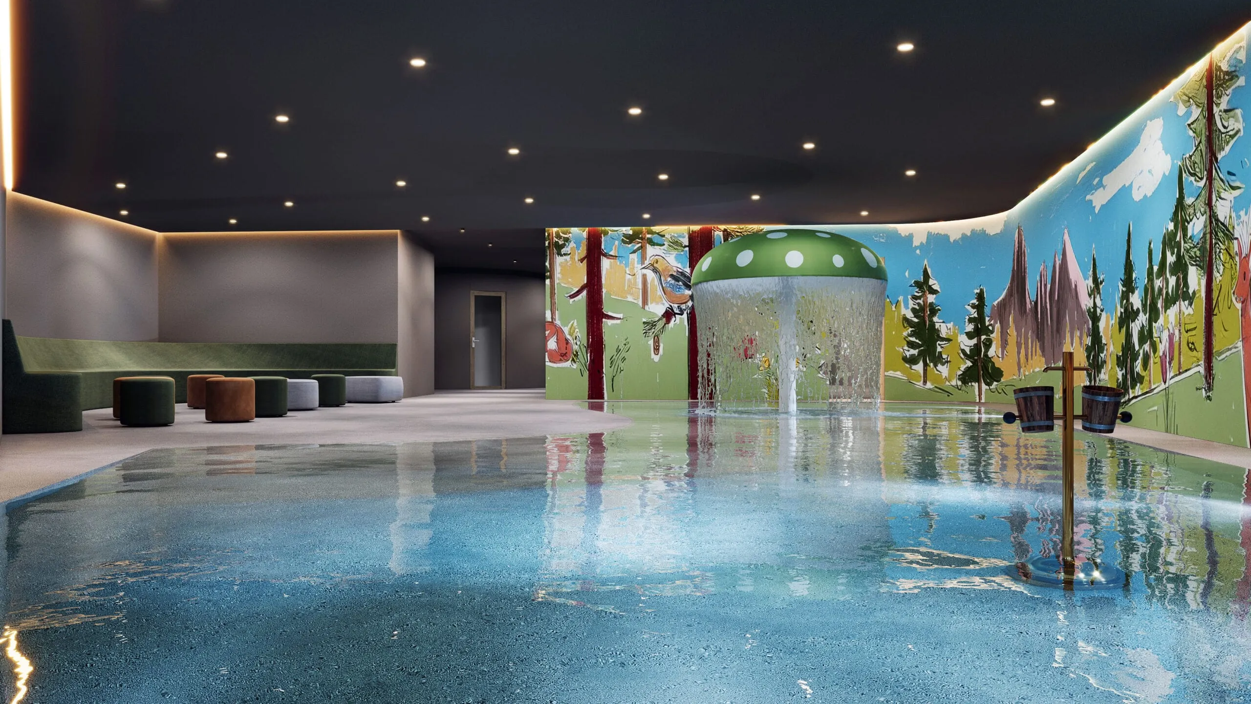 Children’s pool with water play features and a waterfall.