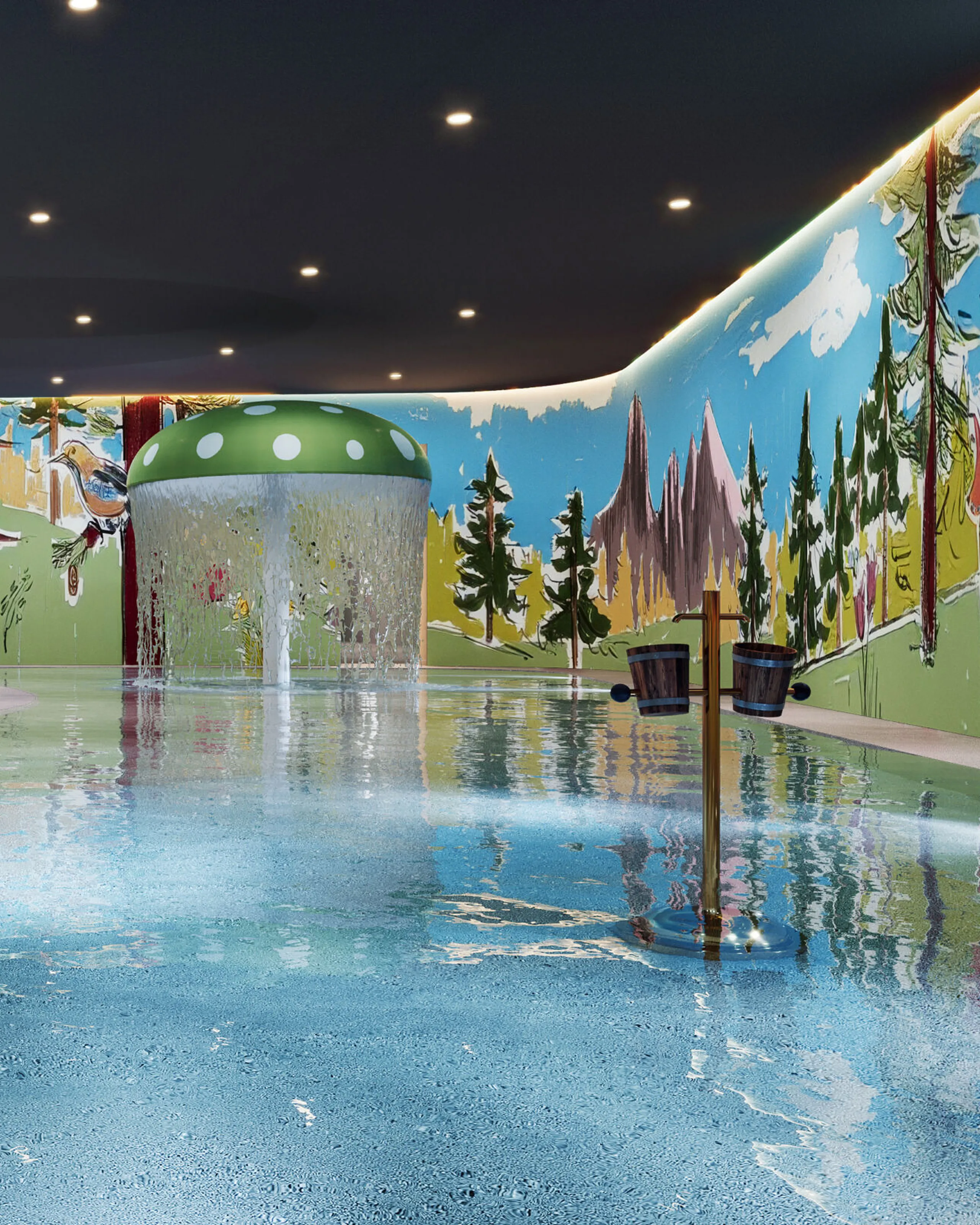 Children’s pool with water play features and a waterfall.